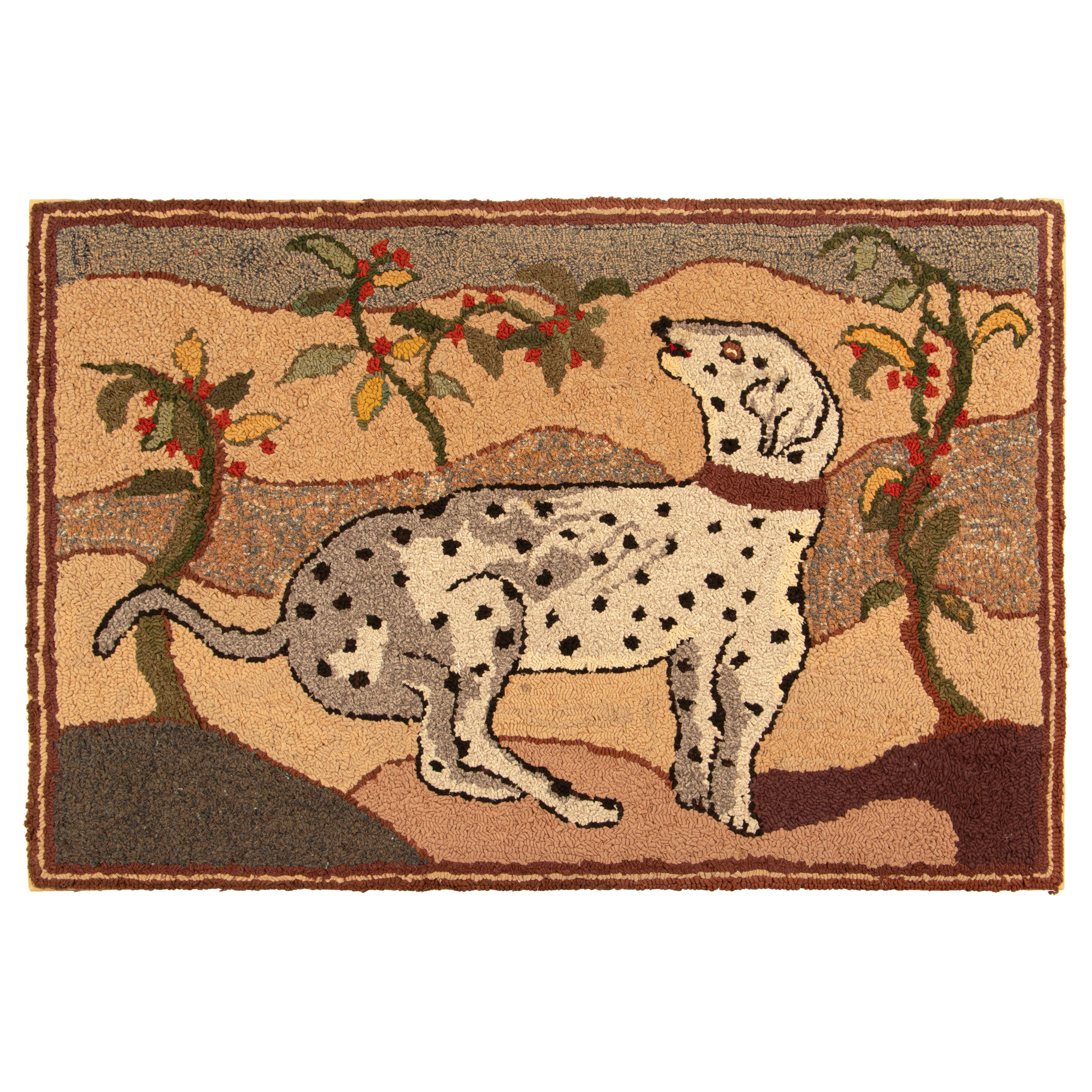 Antique Hooked Rug in Brown with Dalmatian Dog Pictorial - Rug & Kilim