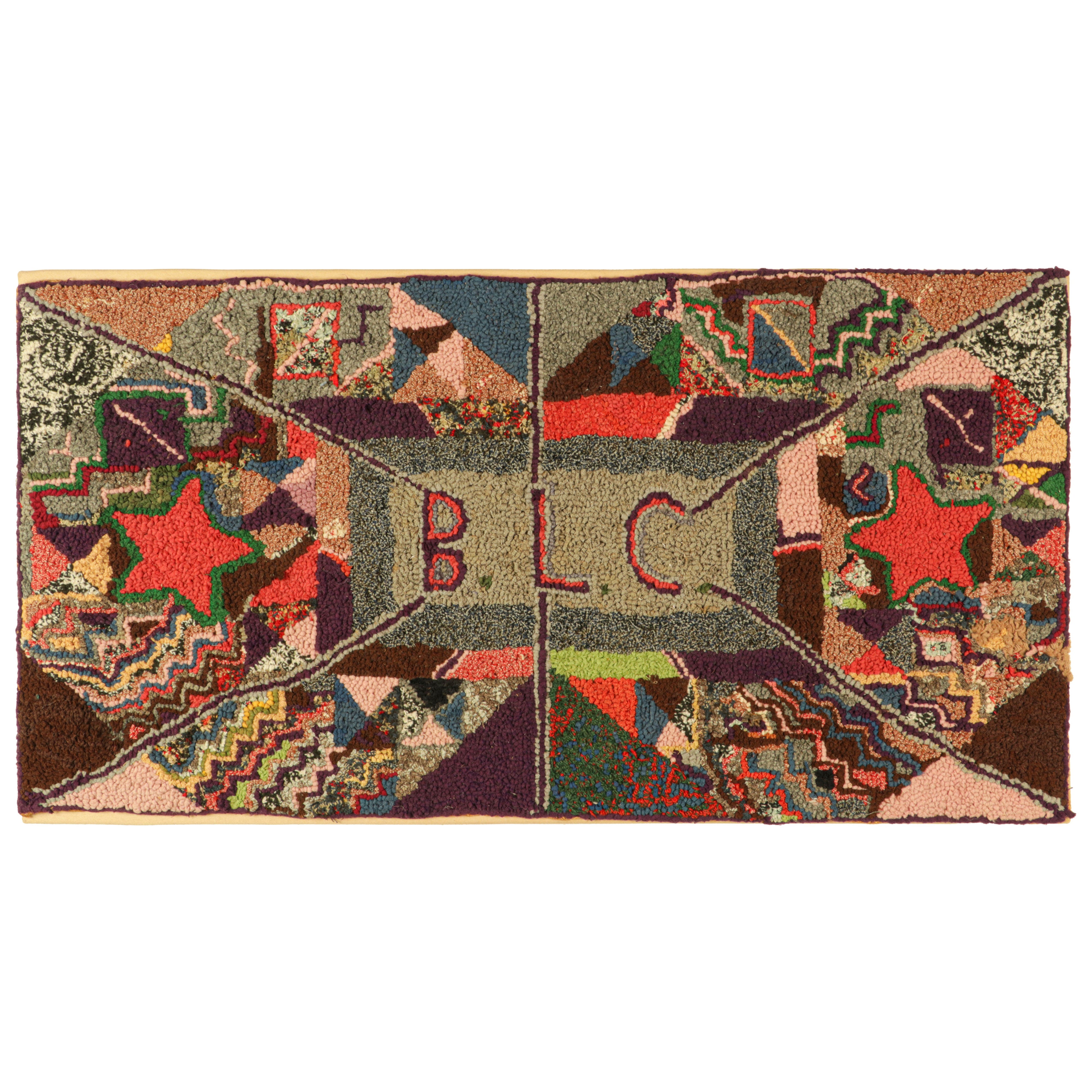 Signed Antique Hooked Rug with Polychromatic Abstract Patterns - Rug & Kilim