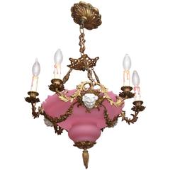 Antique Chandelier Featuring Pink Opaline Glass and Gilt Doré Bronze, Figural