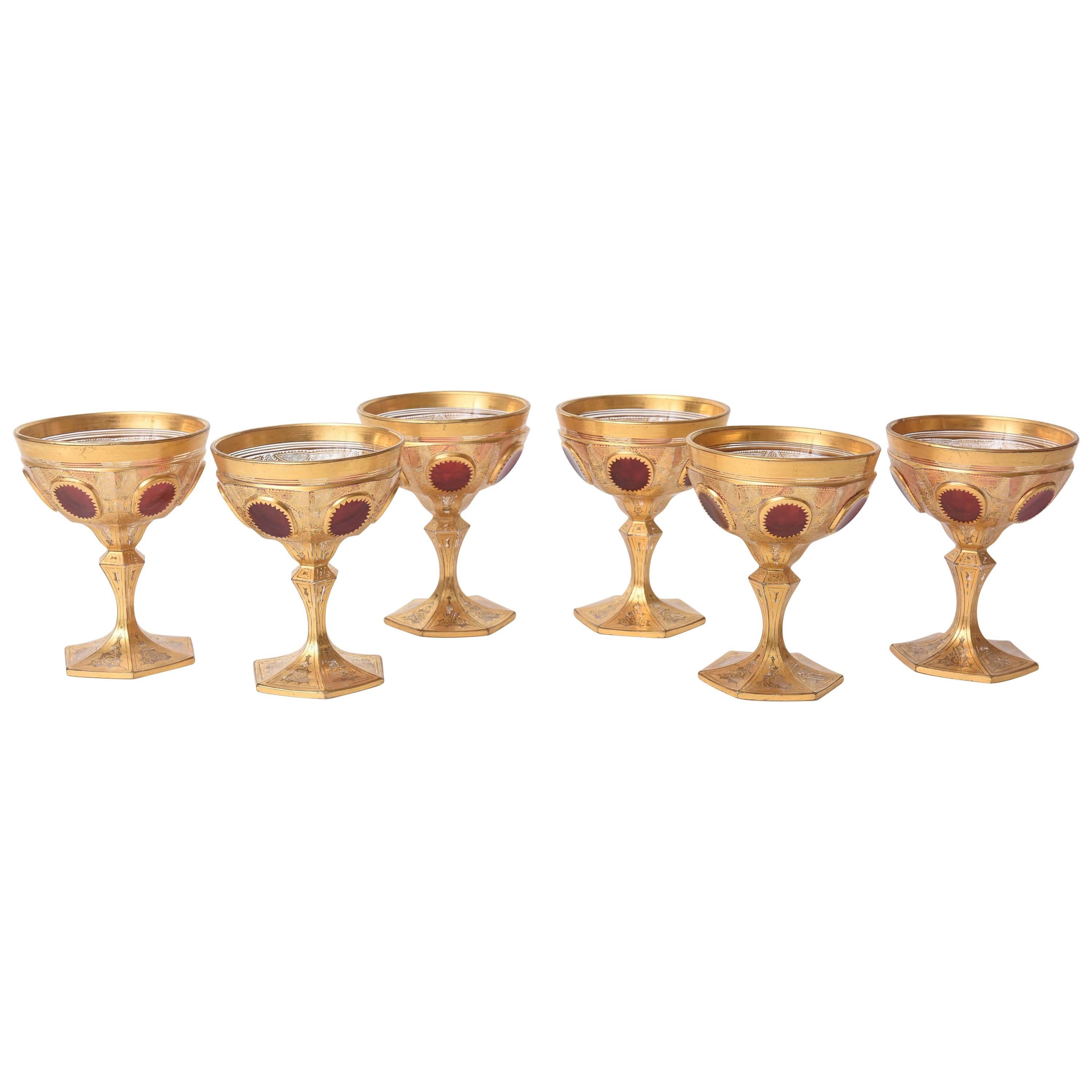 Six Elaborate Gilt Encrusted Ruby Cabochon Style Antique Moser Goblets