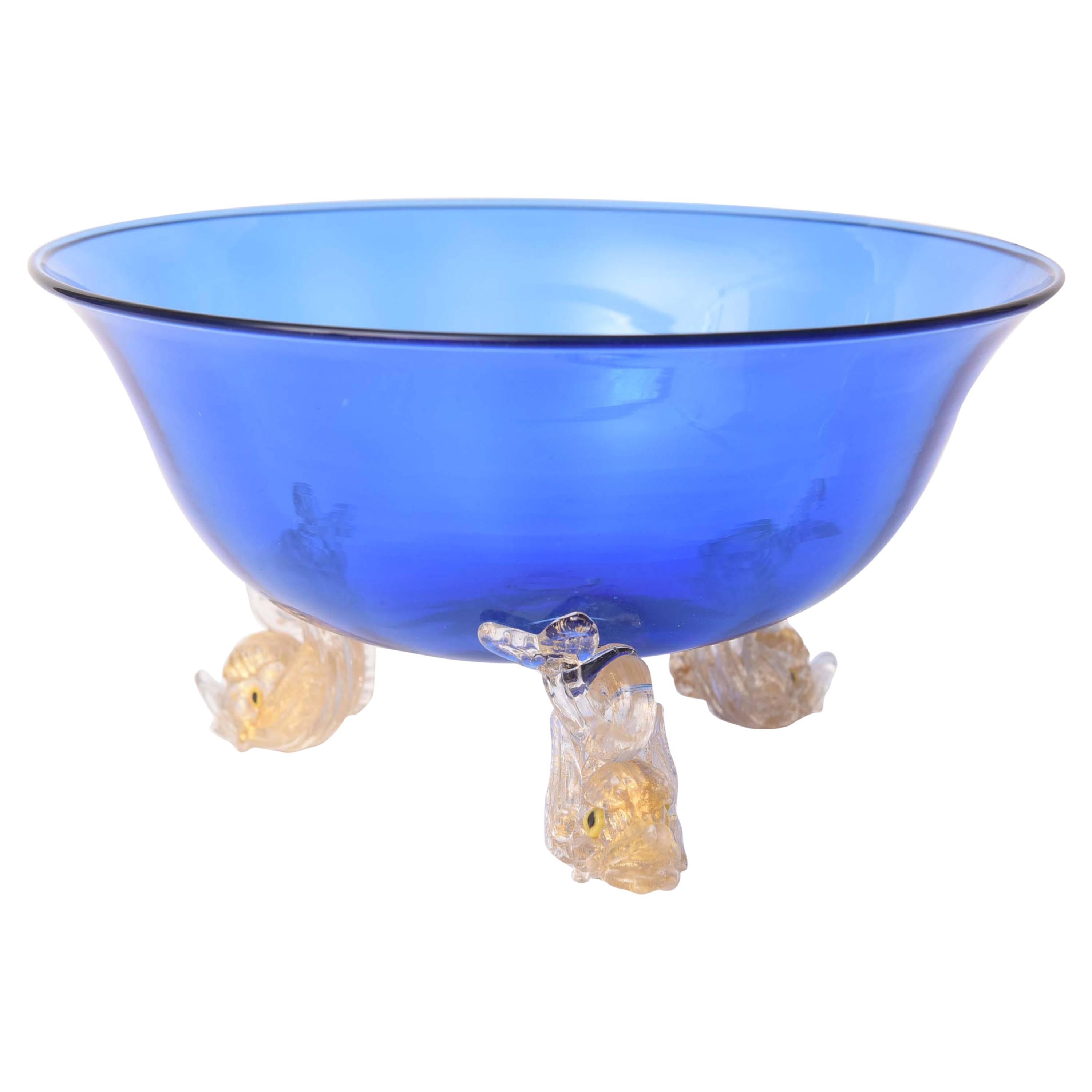 Venetian Glass Cobalt Blue Gold Dolphin Foot Centerpiece Bowl, Vintage