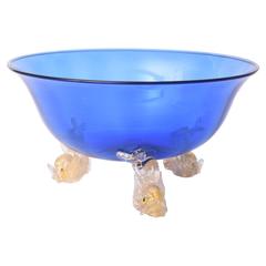 Venetian Glass Cobalt Blue Gold Dolphin Foot Centerpiece Bowl, Retro