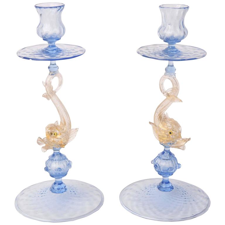 Pair Of Venetian Glass Blue Dolphin Candlesticks Vintage For Pair Of Venetian Glass Blue Dolphin Candlesticks Vintage For