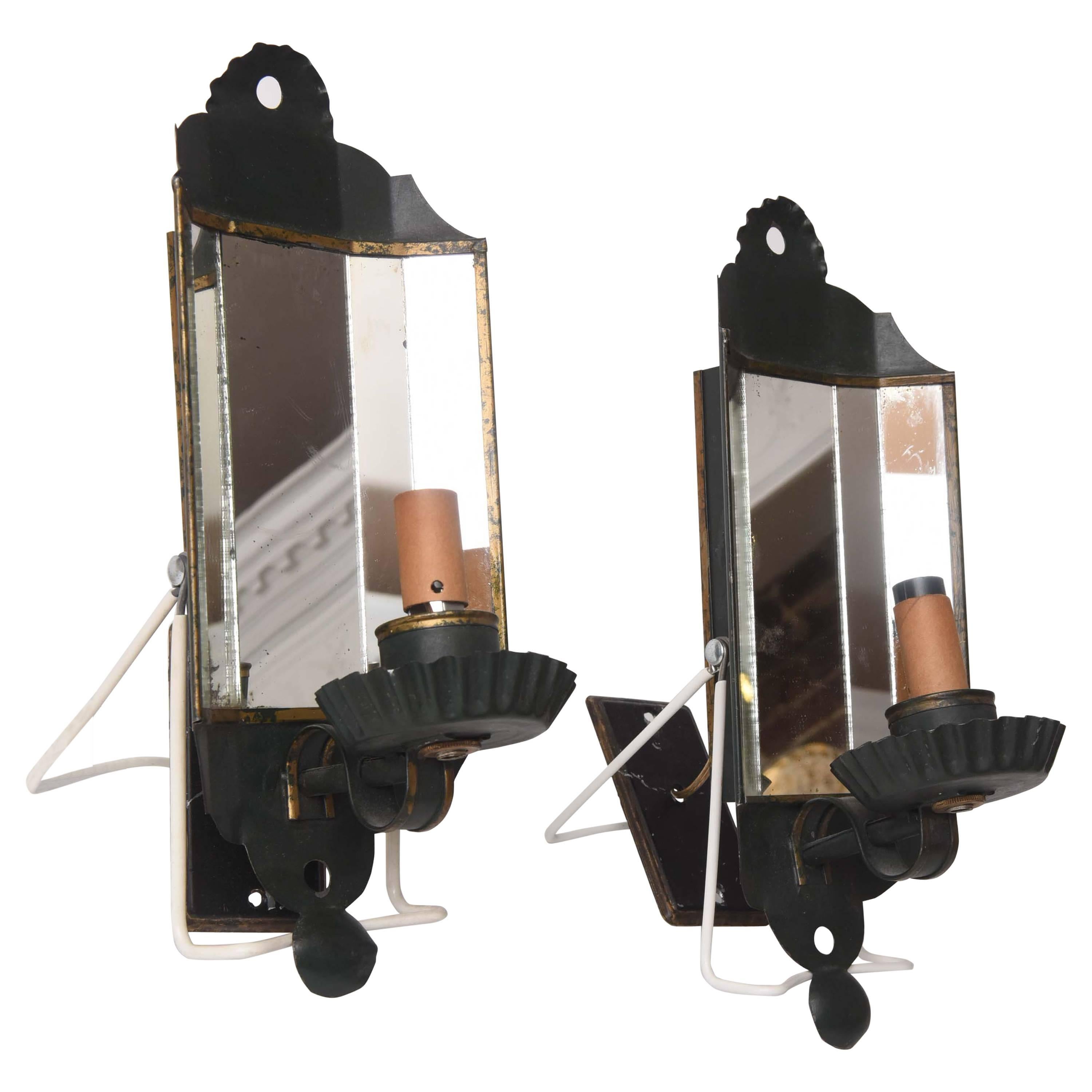 Pair of Vintage Tole Sconces Dark Green/Black Paint, Mirrored, Candleholder Type