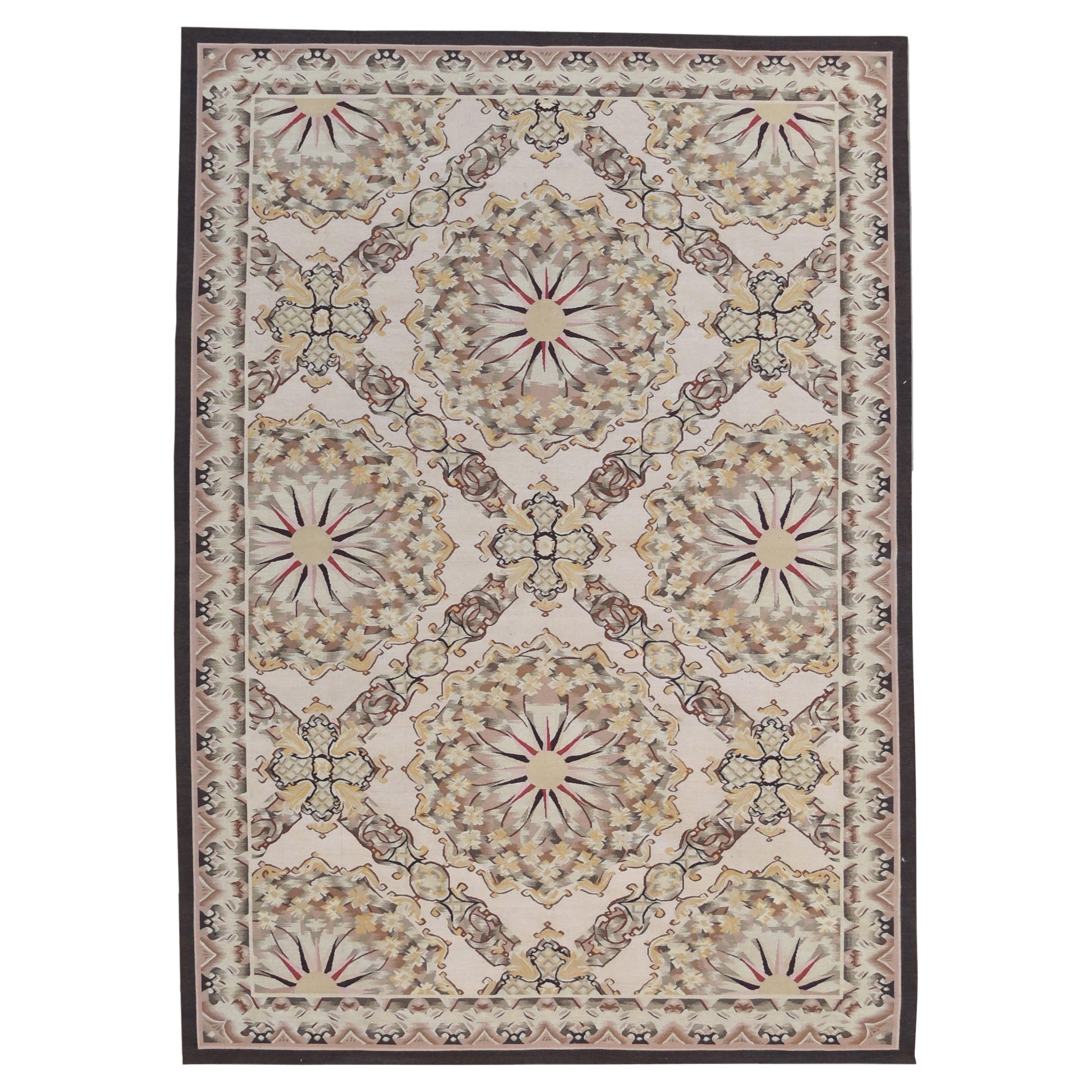 Vintage French Aubusson-style flatweave Tan Brown Gold Wool 6'3''x8'10''