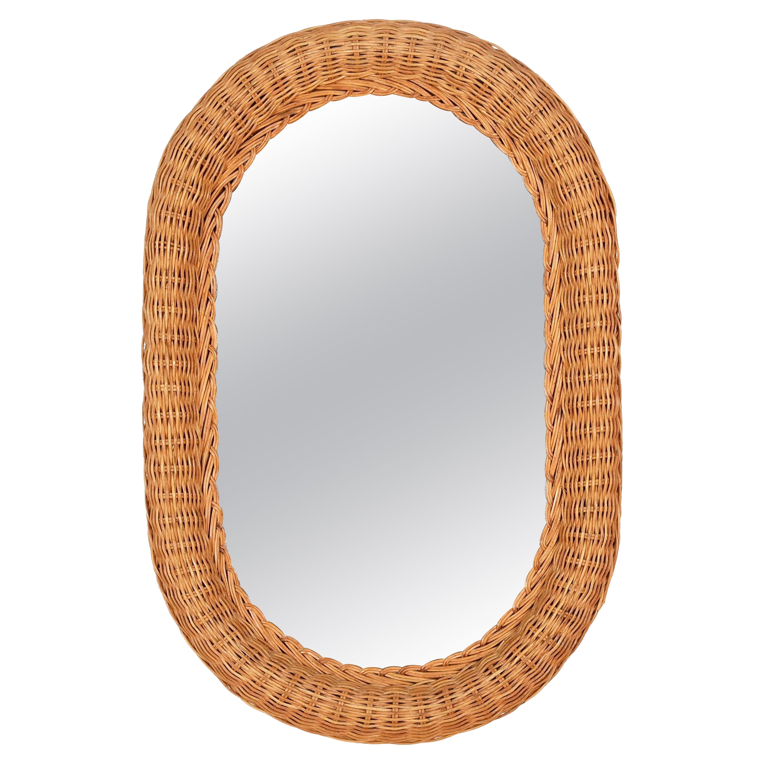 French Riviera Mid-Century Oval Mirror in Woven Rattan Wicker, Italy 1970s