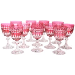 12 Heavy and Impressive Ruby Cut Goblets by Val St Lambert with Knob Stem