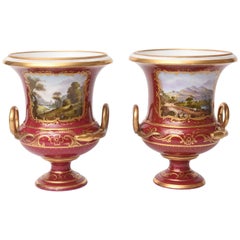 Antique Pair of 19th Century Urn Vases Rich Ruby Color with Hand-Painted Scenes Pedestal