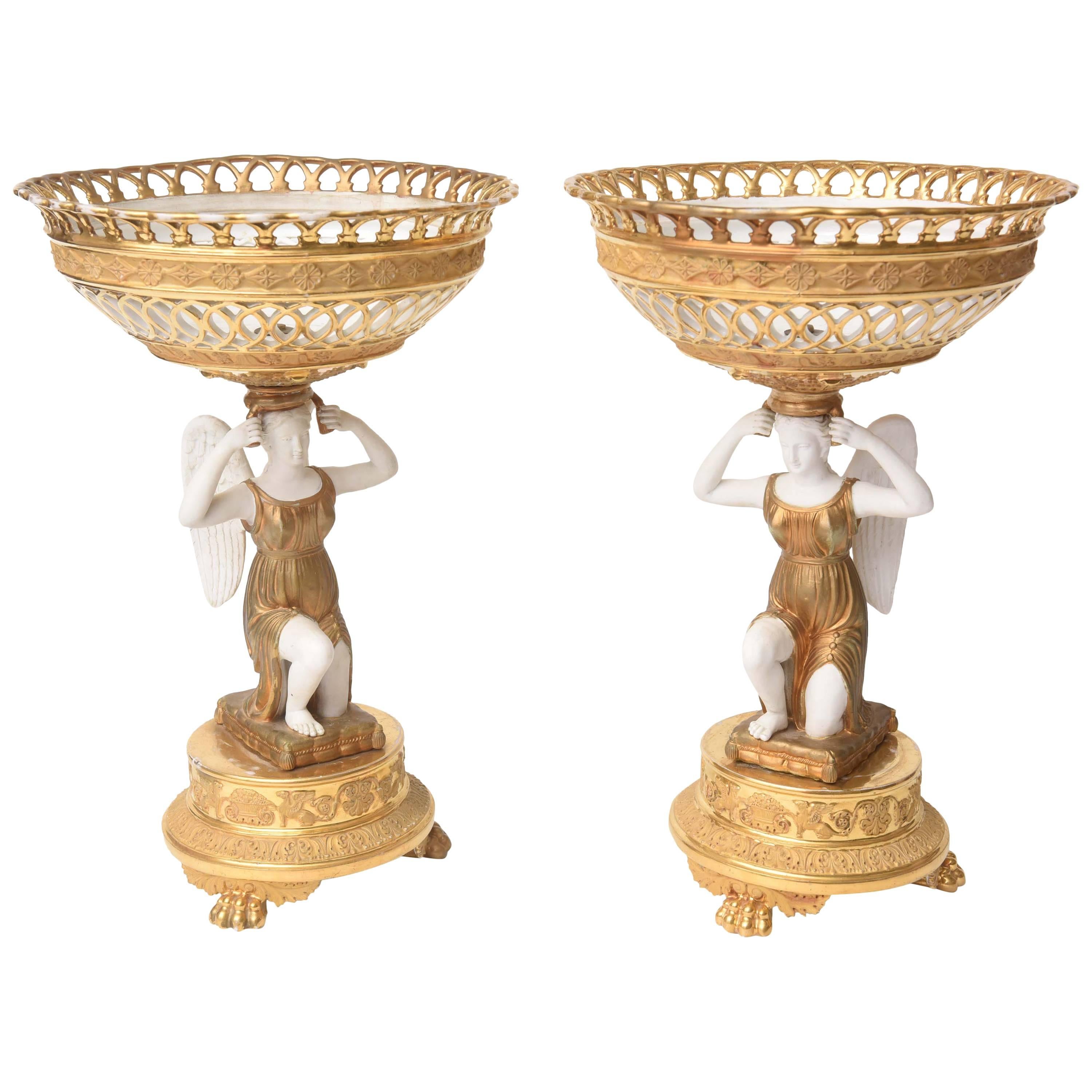 Pair of Antique First Period French Empire Centerpiece Tazzas or Fruit Compotes