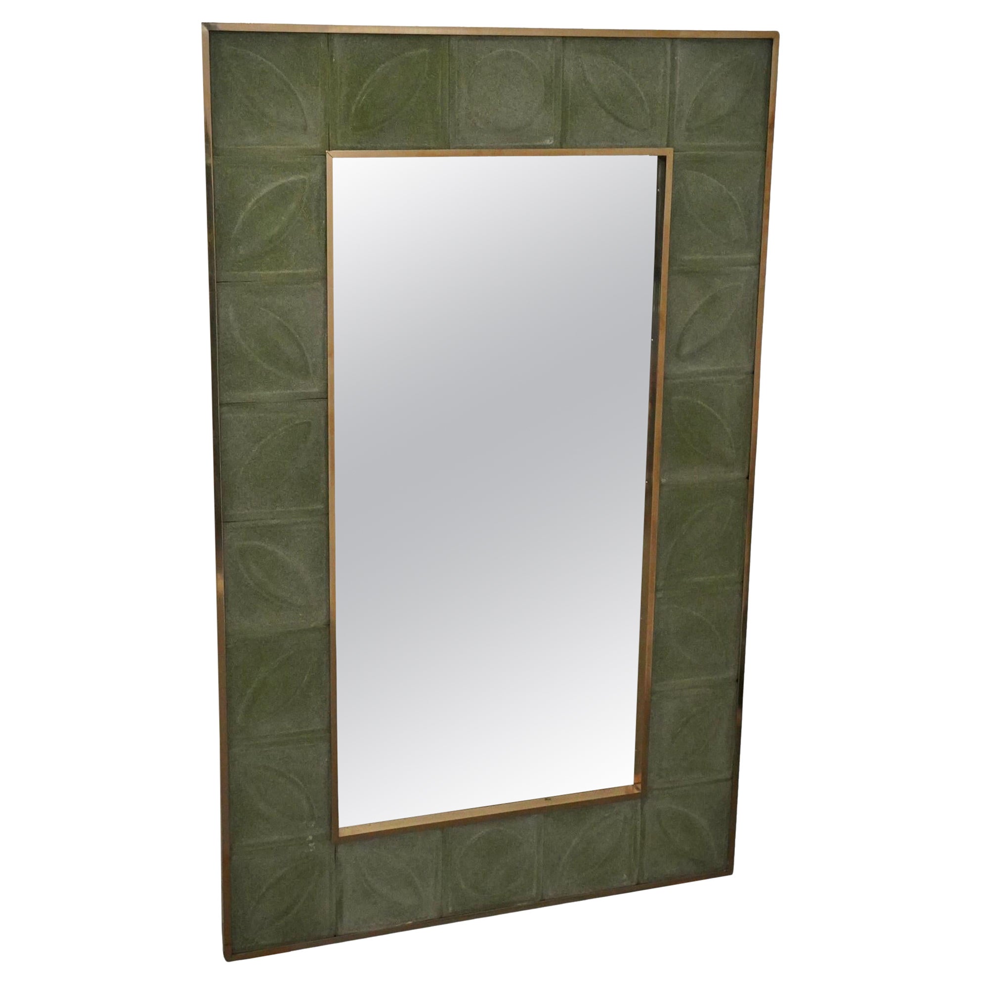 Murano Green Art Glass and Brass Mid-Century Italian Console Wall Mirror, 2020