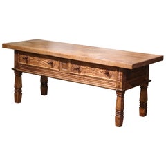 19th Century Spanish Carved Bleached Walnut Two Drawers Cocktail Coffee Table