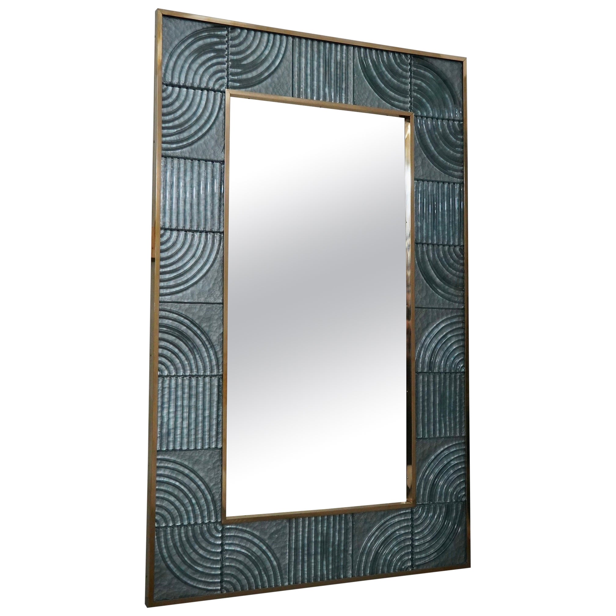 Murano Aqua Blu Art Glass and Brass Italian Console Wall Mirror, 2020 For Sale