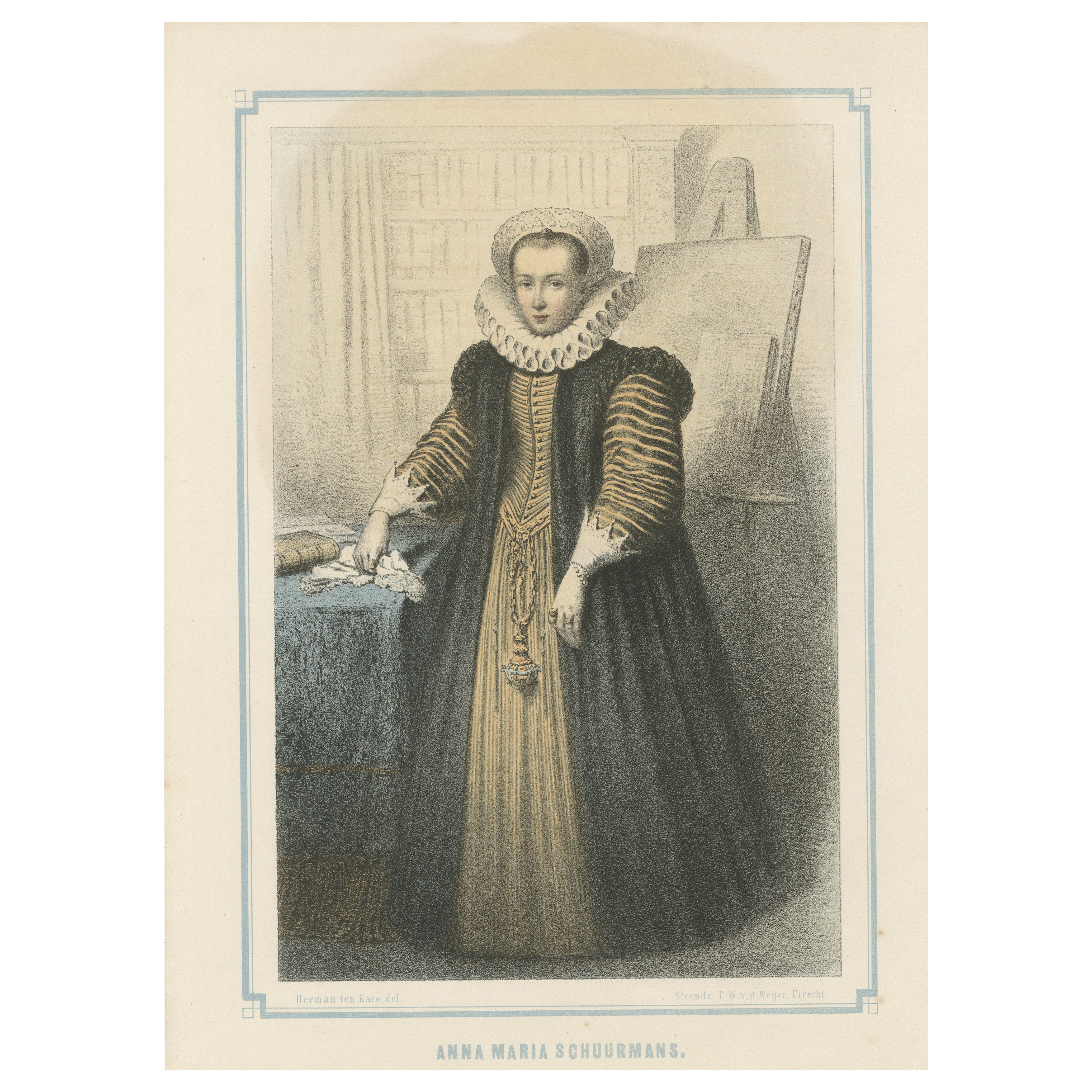 Anna Maria Schuurmans – Dutch Scholar & Artist, Hand-Colored Lithograph, ca.1850
