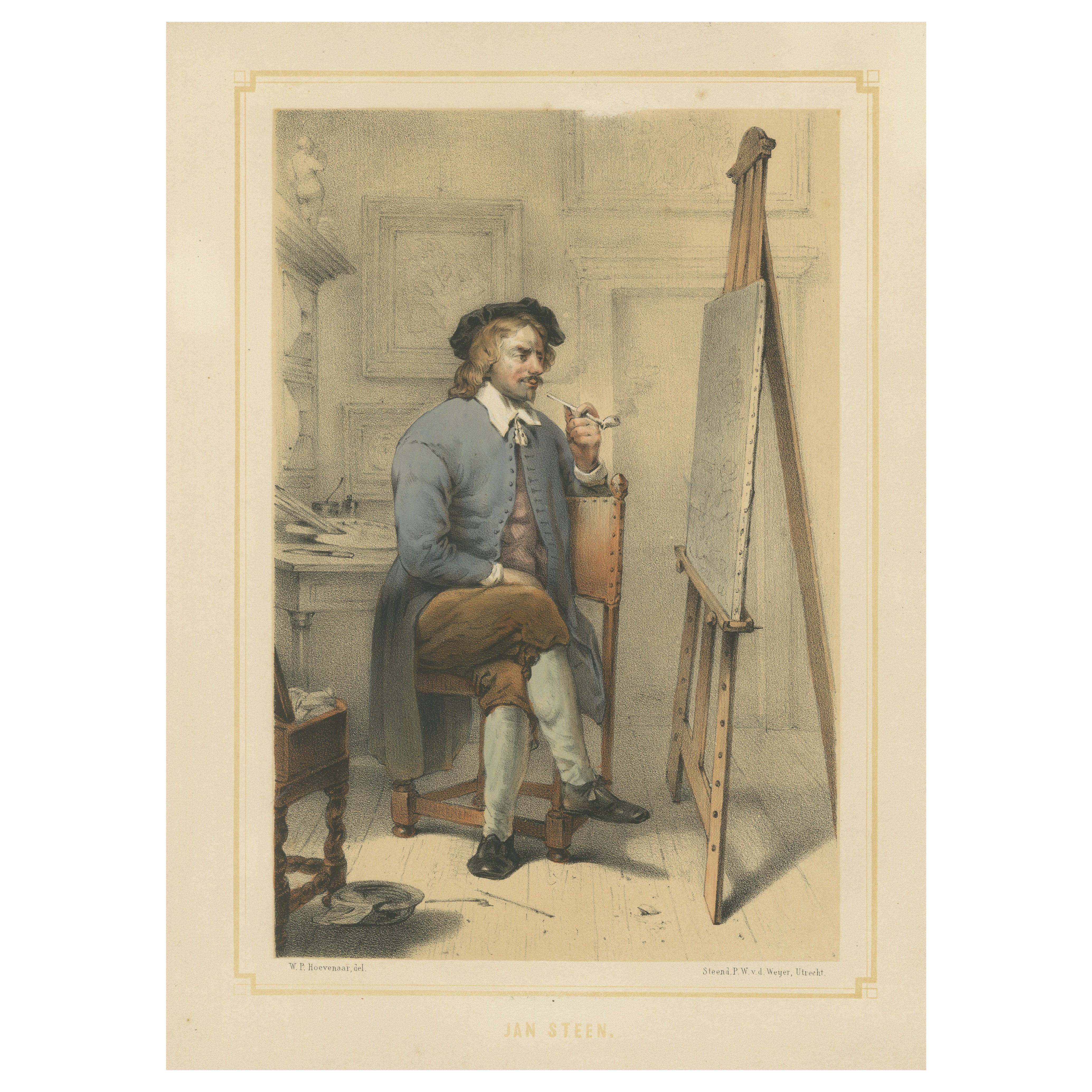Jan Steen - Pintor holandés de género trabajando, litografía coloreada a mano del siglo XIX