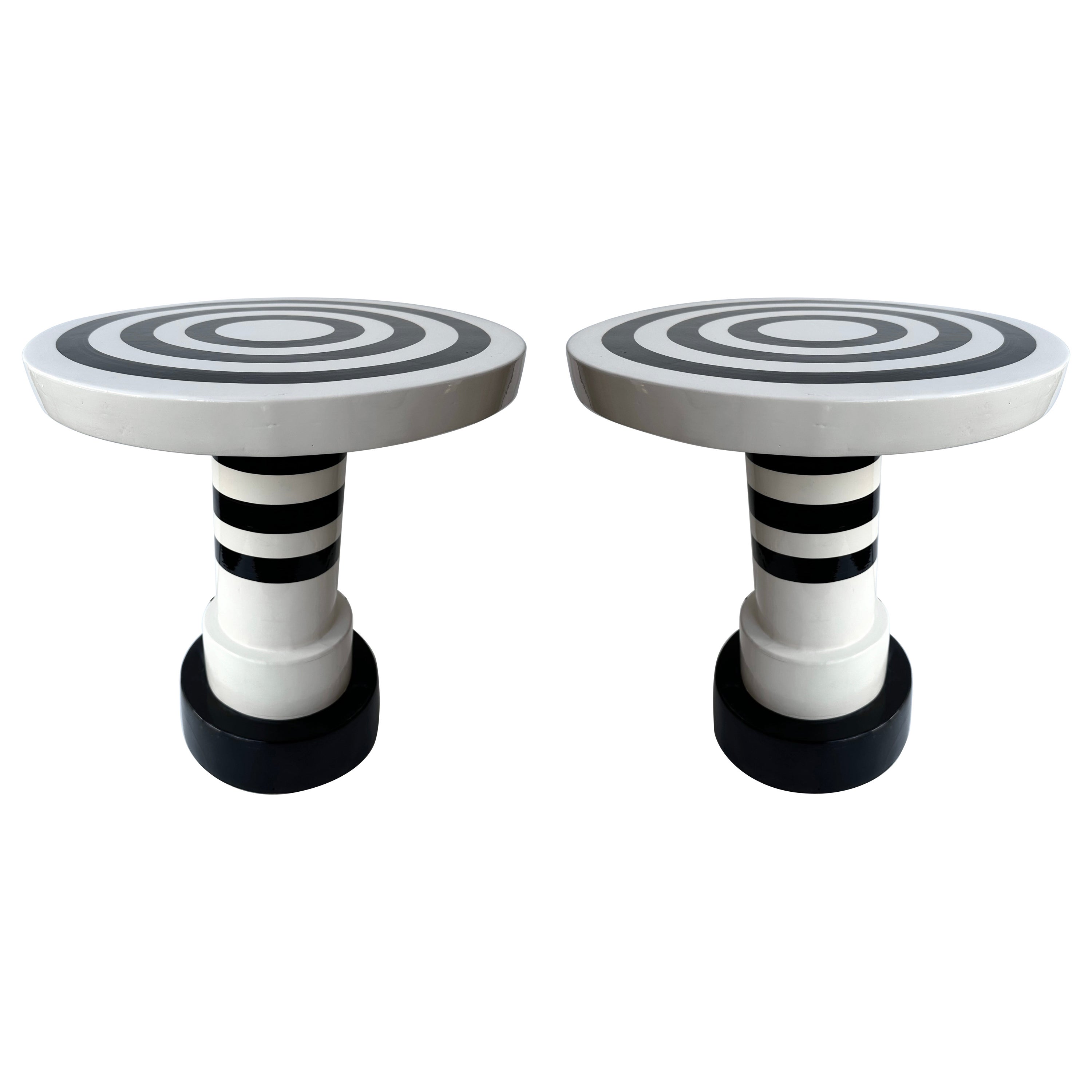 Contemporary Pair of Black and White Ceramic Stripe Side Tables. Italy