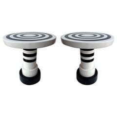 Contemporary Pair of Black and White Ceramic Stripe Side Tables. Italy
