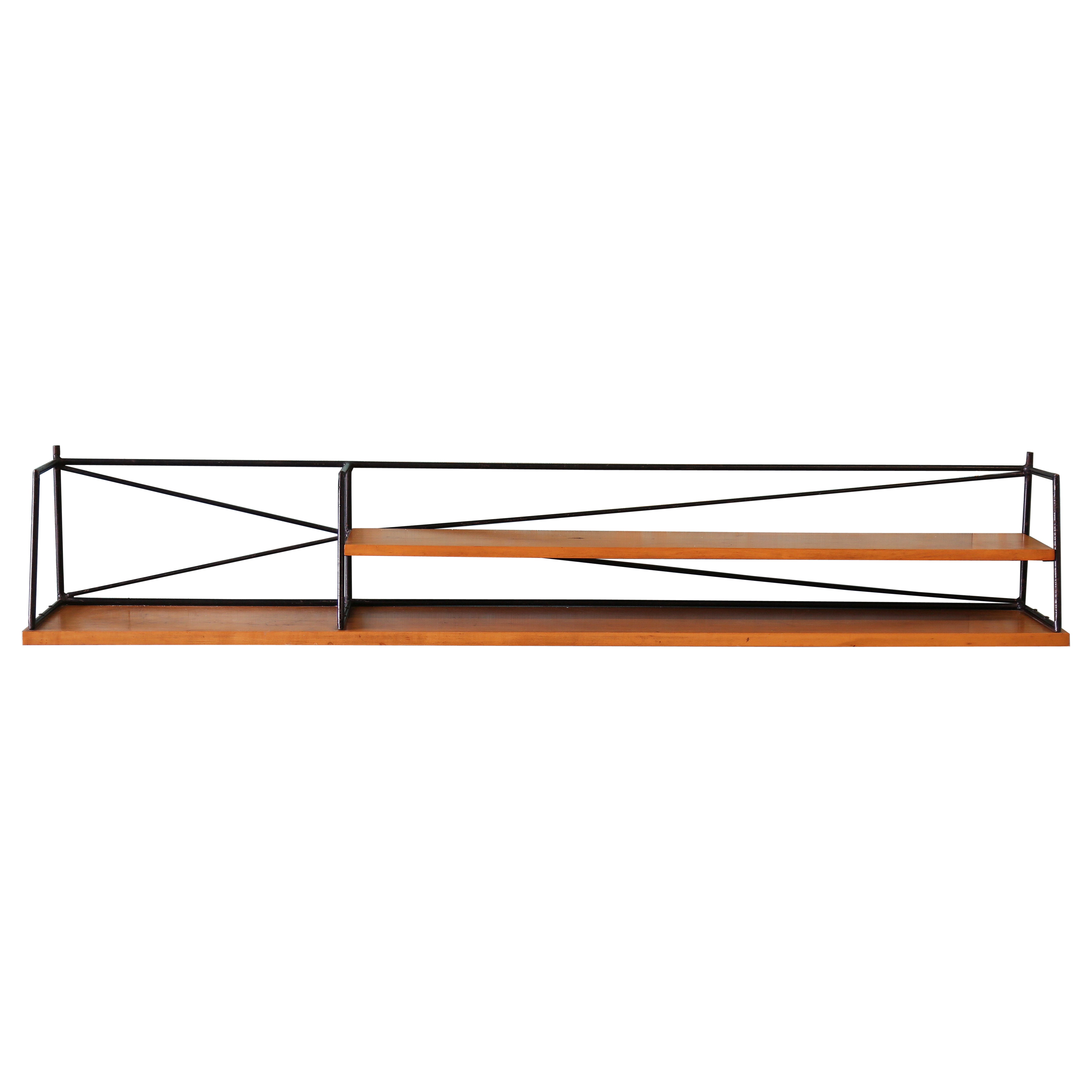 Unique Paul McCobb Black Wrought Iron and Maple Floating Shelf, c. 1950s