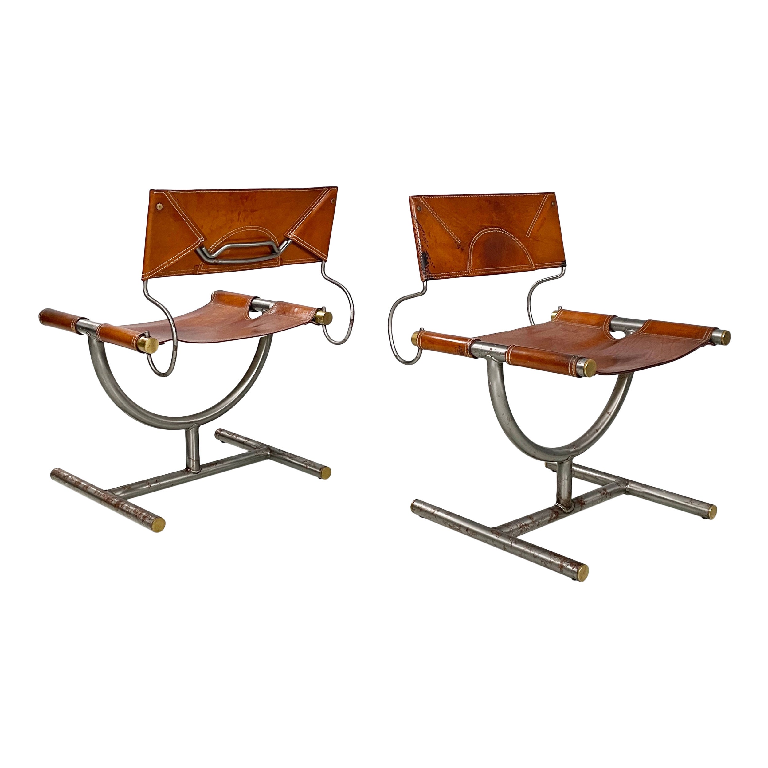 Italian modern brown leather steel chairs Benetton by Afra Tobia Scarpa, 1980s