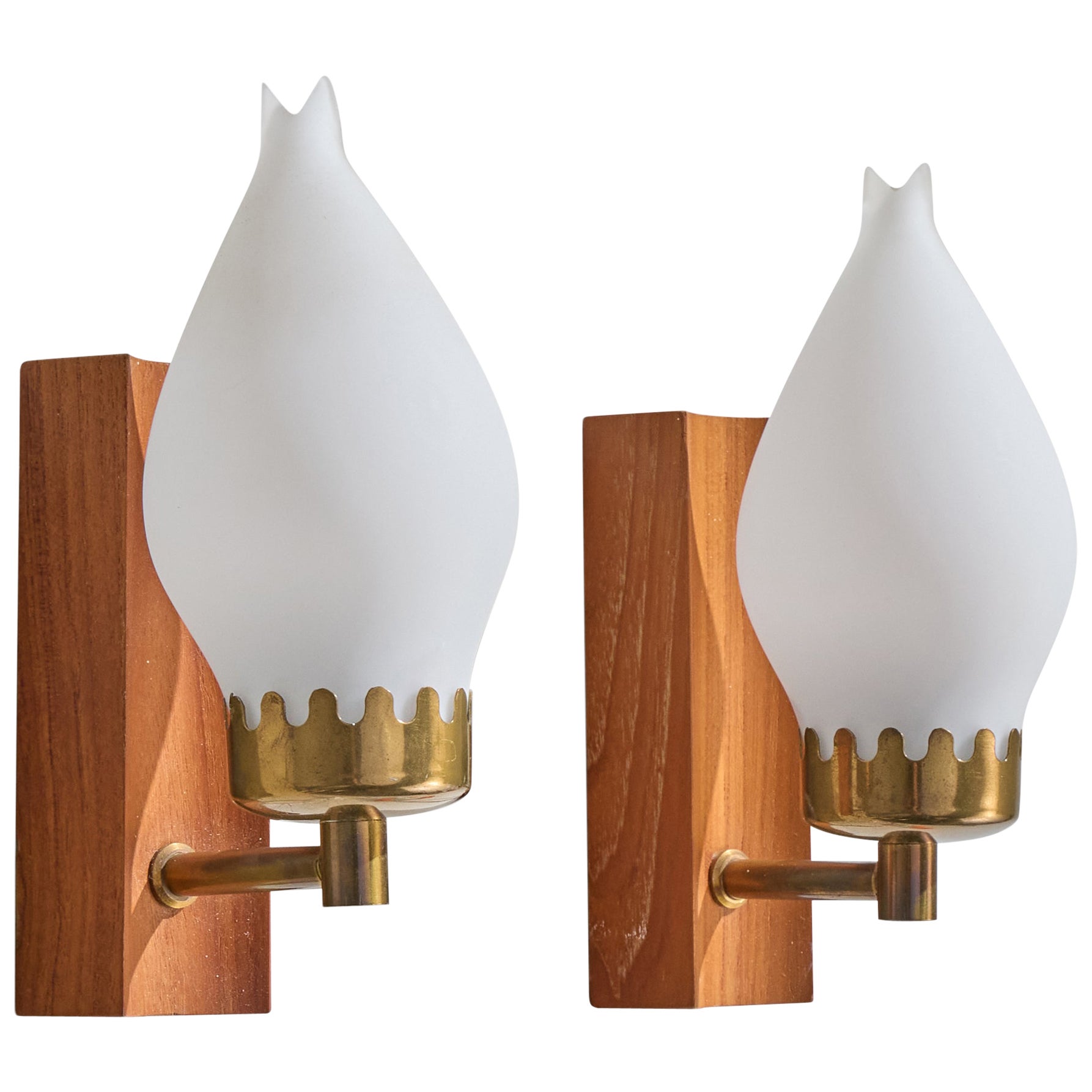 Örsjo Industri, Wall Lights, Teak, Brass, Glass, Sweden, 1950s