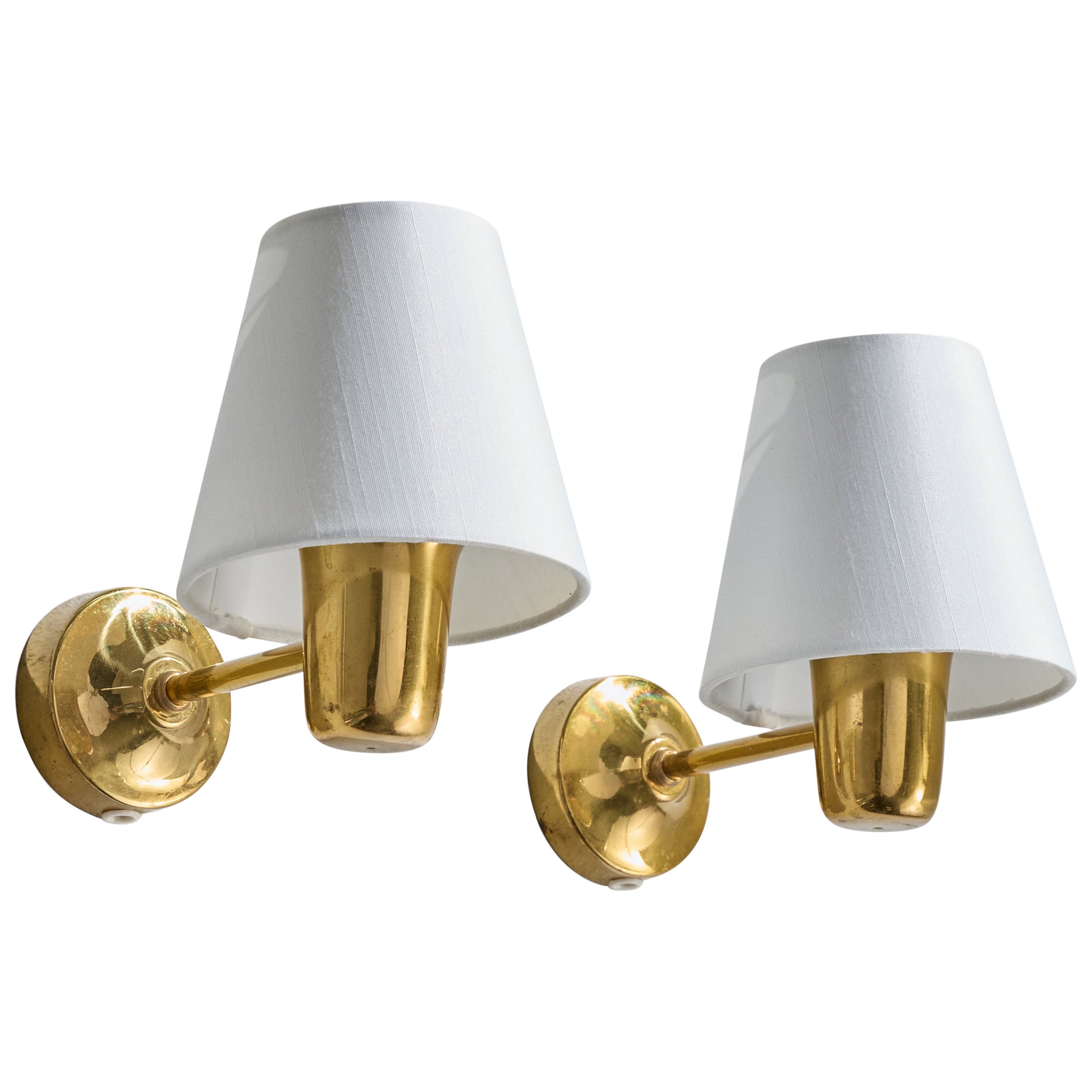 Swedish Designer, Wall Lights, Brass, Fabric, Sweden, 1950s