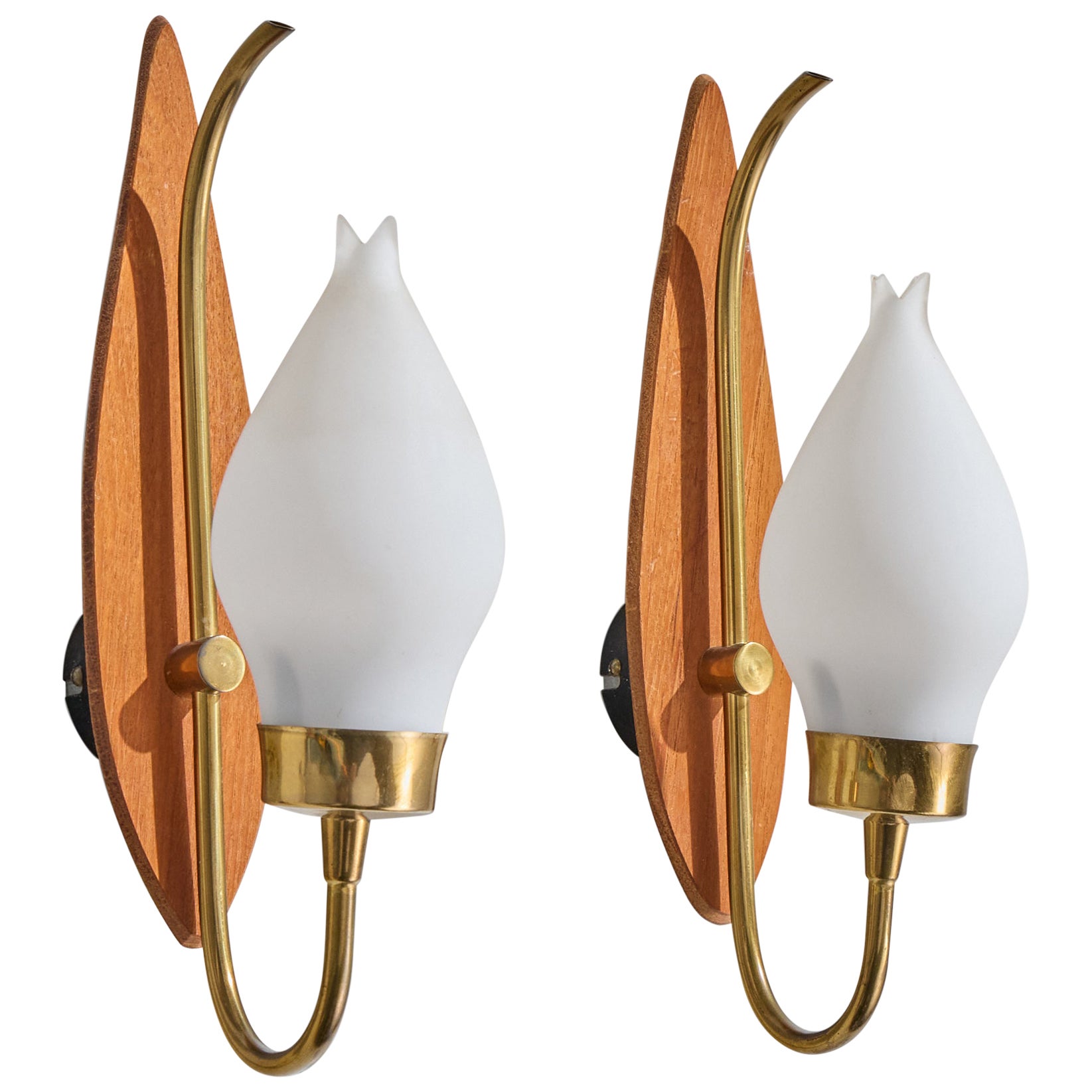 Lorentzons, Wall Lights, Brass, Teak, Glass, Sweden, 1950s For Sale