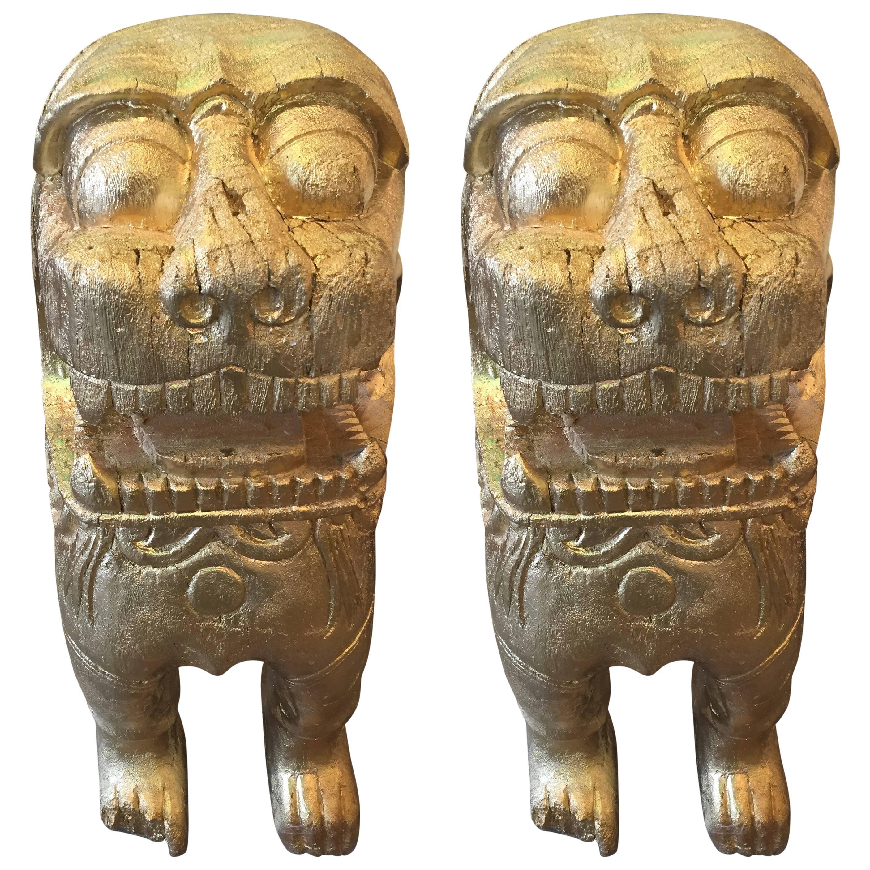 Two Carved Wood Asian Guardian Foo Lions
