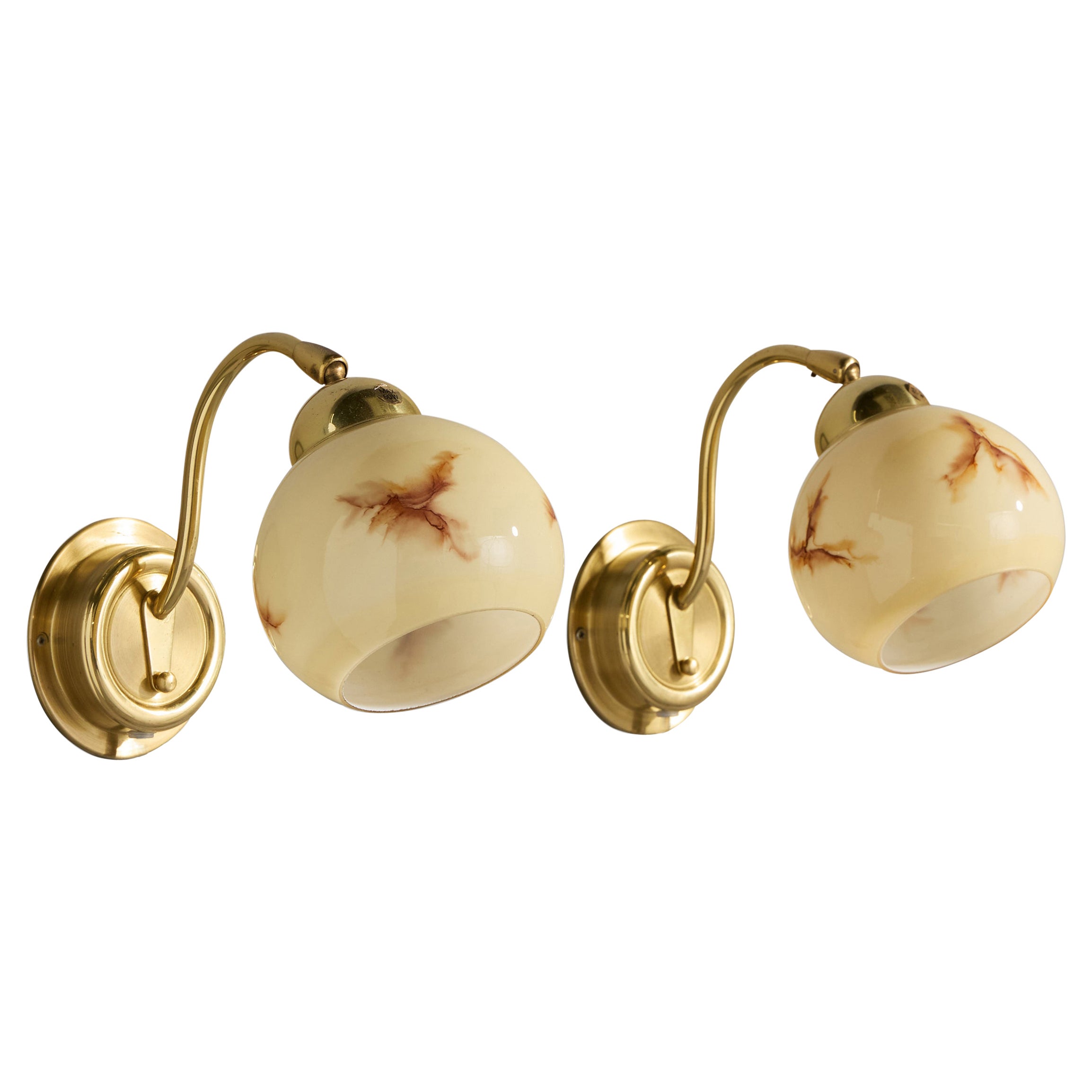 EWÅ Värnamo, Wall Lights, Brass, Glass, Sweden, 1970s