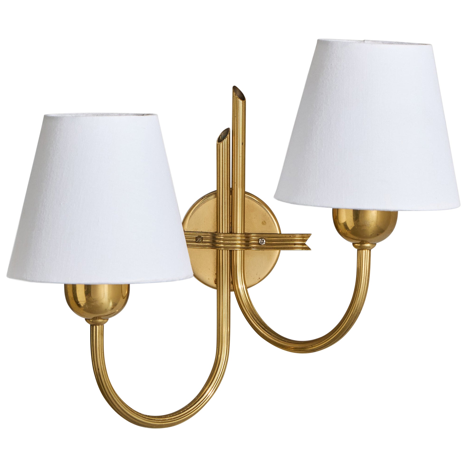 Swedish Designer, Wall Light, Brass, Fabric, Sweden, 1940s