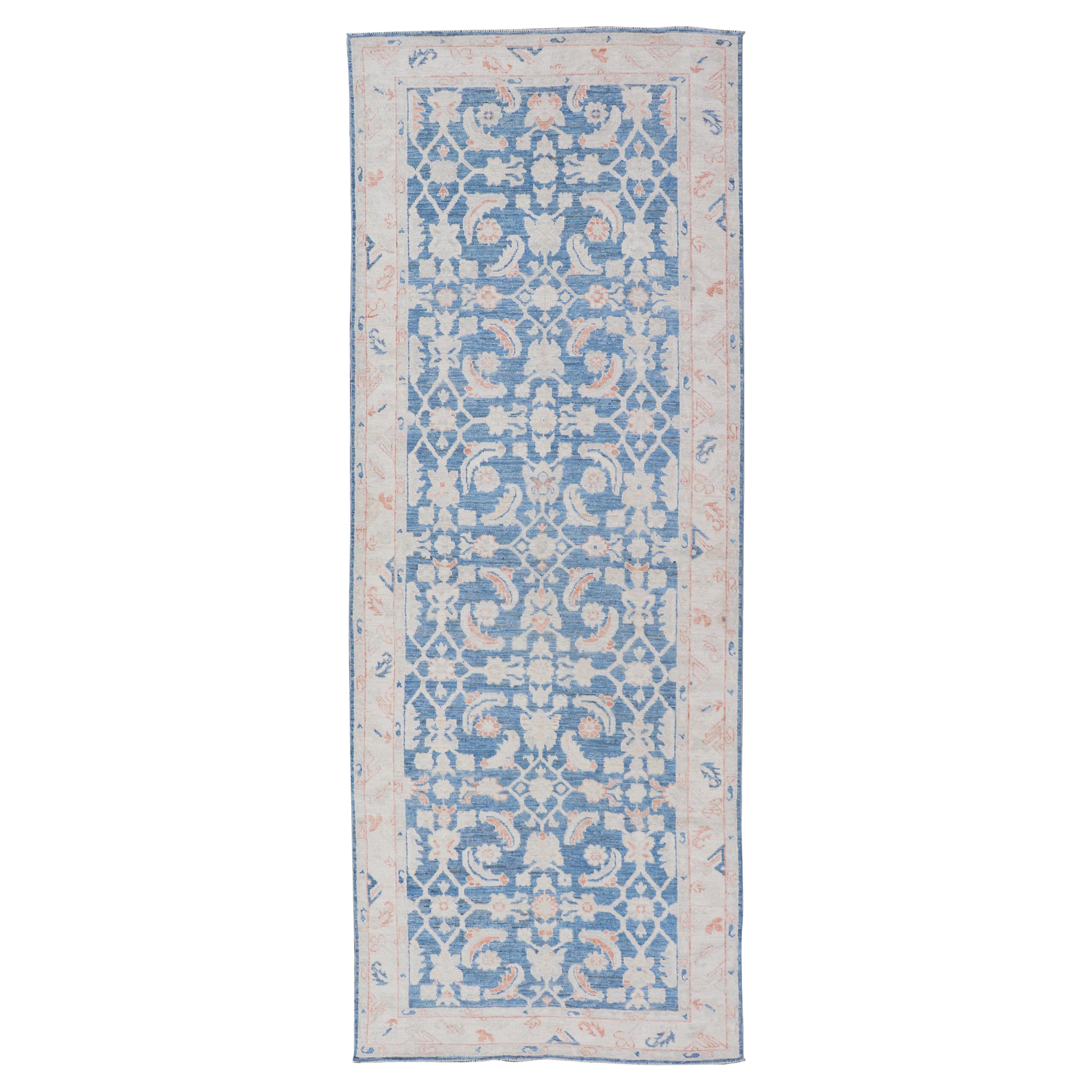Oushak Gallery Rug with Blue Field and Soft Coral and Ivory Accent 4'2 x 12'0