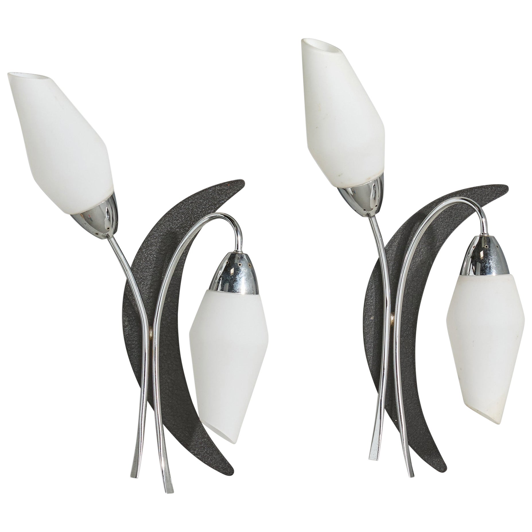 German Designer, Wall Lights, Iron, Chrome, Glass, Germany, 1960s