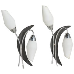 German Designer, Wall Lights, Iron, Chrome, Glass, Germany, 1960s