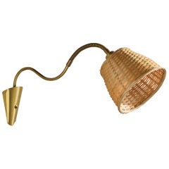 Norwegian Designer, Wall Light, Brass, Rattan, Norway, 1950s