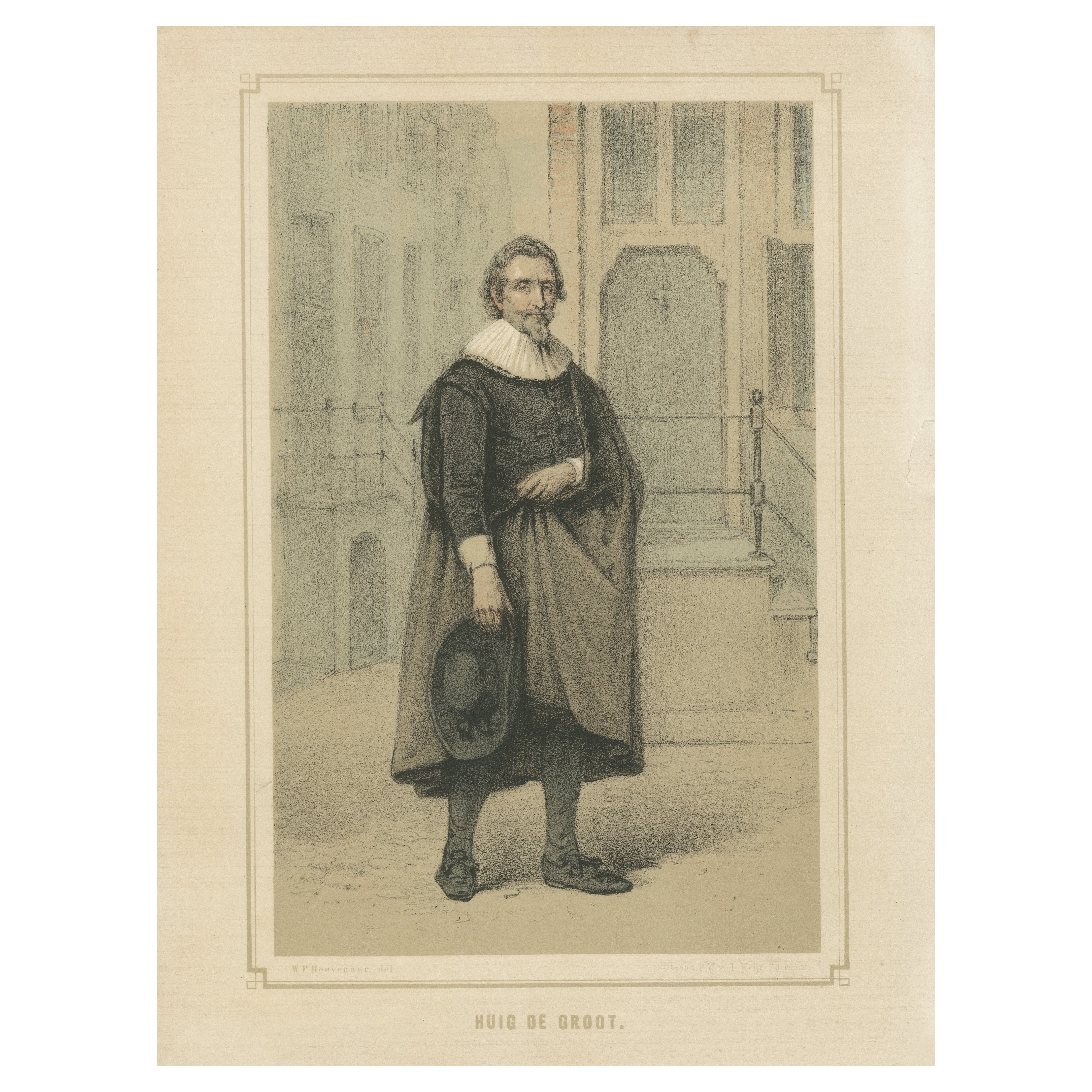 Hugo Grotius Standing in Street Scene – 19th-Century Hand-Colored Lithograph