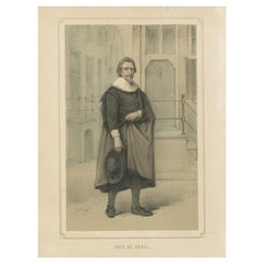 Hugo Grotius Standing in Street Scene – 19th-Century Hand-Colored Lithograph