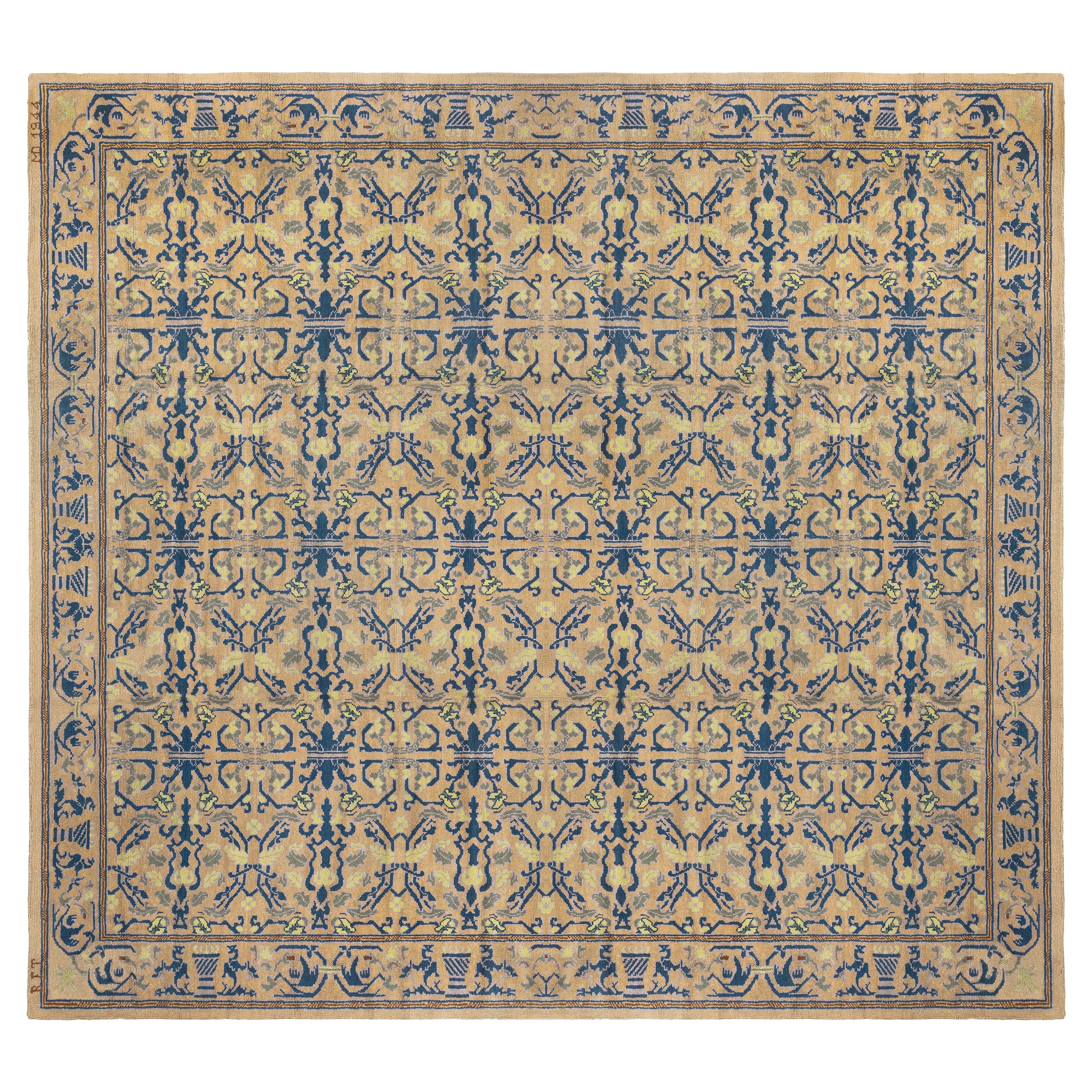 Doris Leslie Blau Vintage Spanish Yellow and Blue Handmade Wool Rug