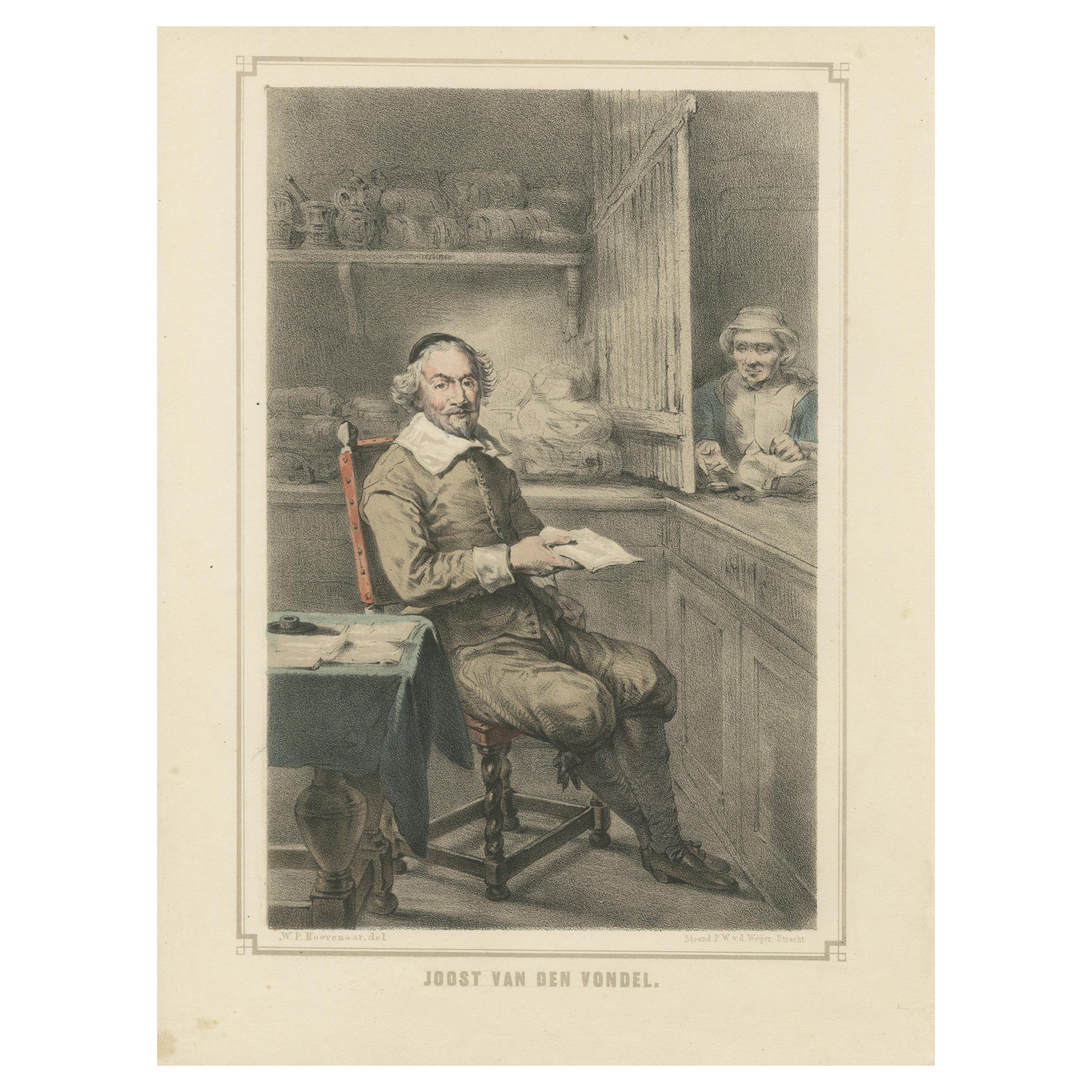Joost van den Vondel schreibt in seiner Werkstatt - handkolorierte Lithographie aus dem 19.