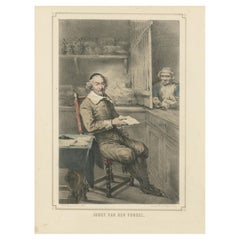 Joost van den Vondel écrivant dans sa boutique - Lithographie du XIXe siècle coloriée à la main