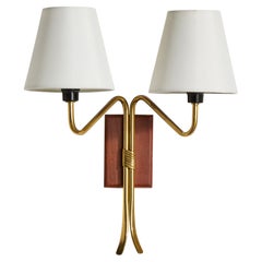 Swedish Designer, Wall Light, Brass, Teak, Fabric, Sweden, 1950s