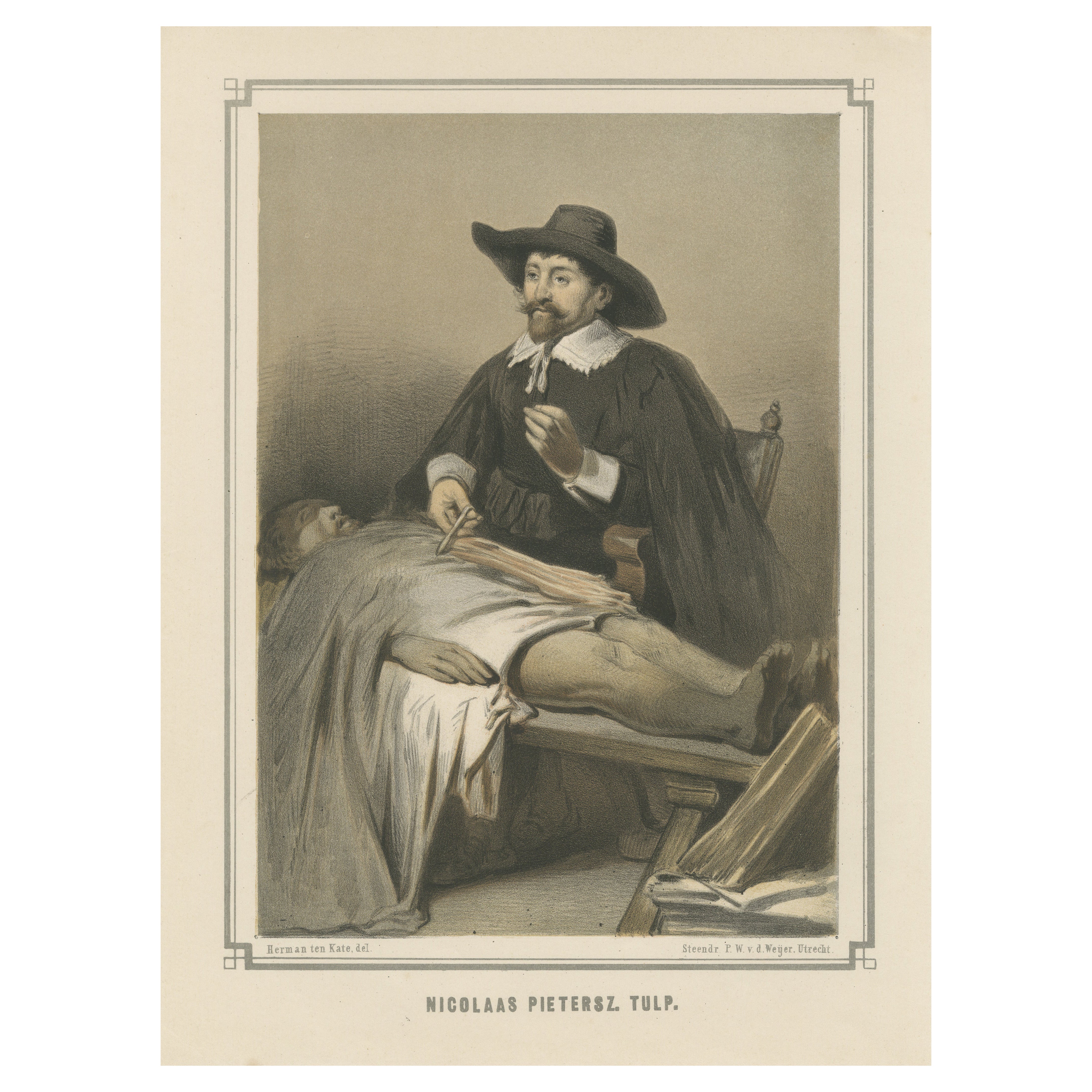 Nicolaas Tulp Performing a Dissection – 19th-Century Hand-Colored Lithograph