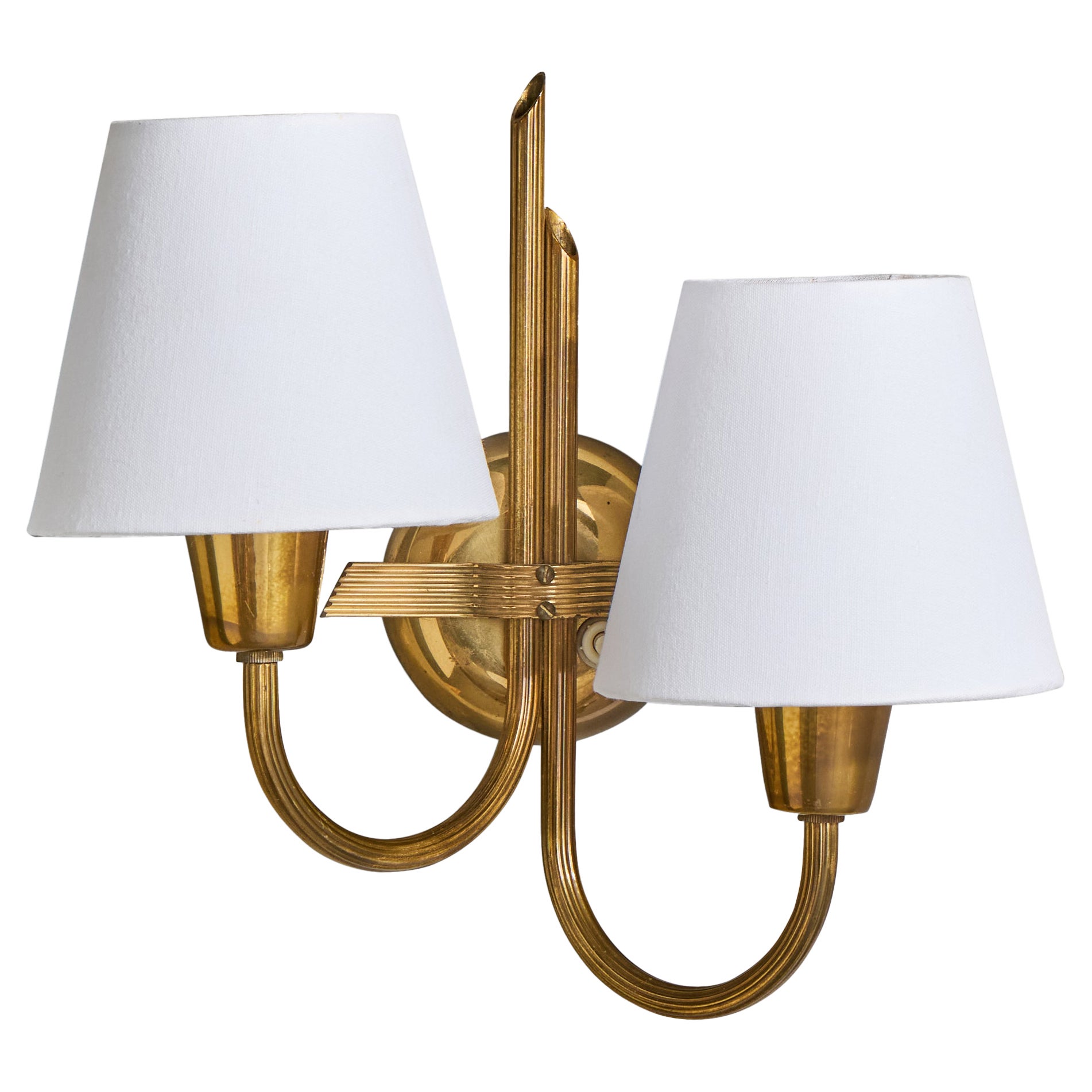 Swedish Designer, Wall Light, Brass, Fabric, Sweden, 1940s