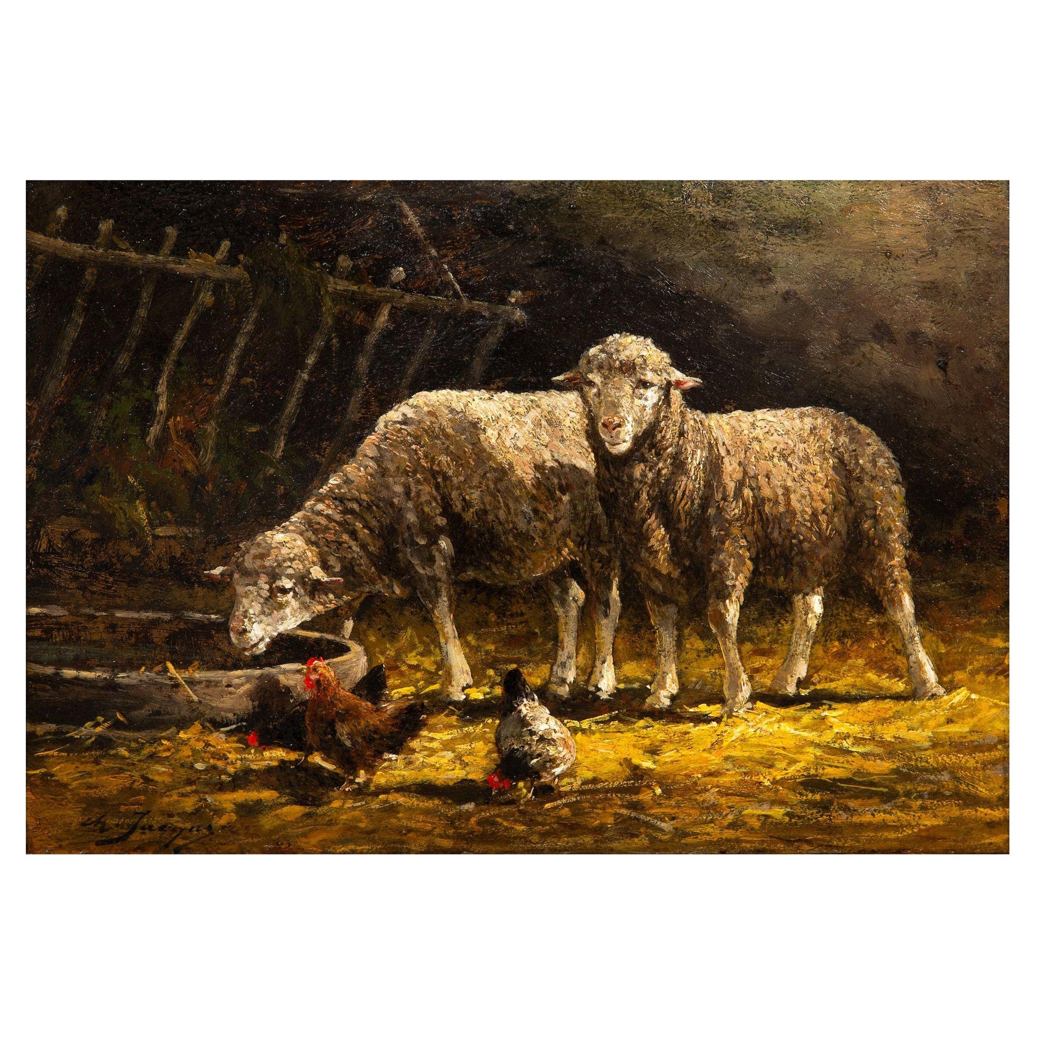 French Barbizon Antique Oil Painting of Sheep in Barn by Charles Emile Jacque
