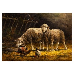 French Barbizon Antique Oil Painting of Sheep in Barn by Charles Emile Jacque
