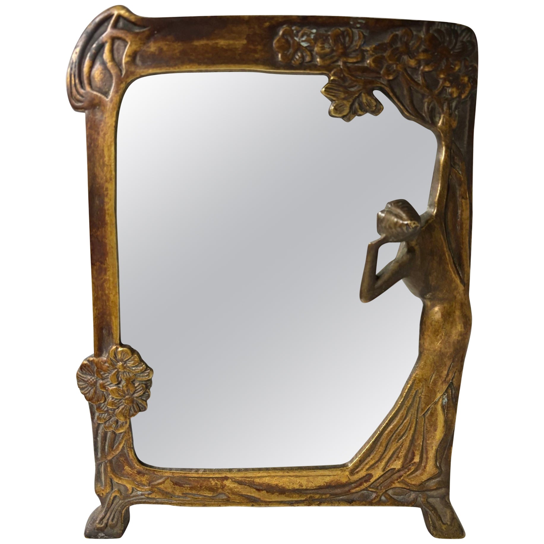 Lady of the Lake Antique Art Nouveau Bronze Mirror Circa 1930