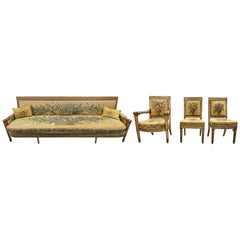 Conjunto Parcial Salón de Época Francés Directoire Asientos de Época Parcela Pintura Dorada