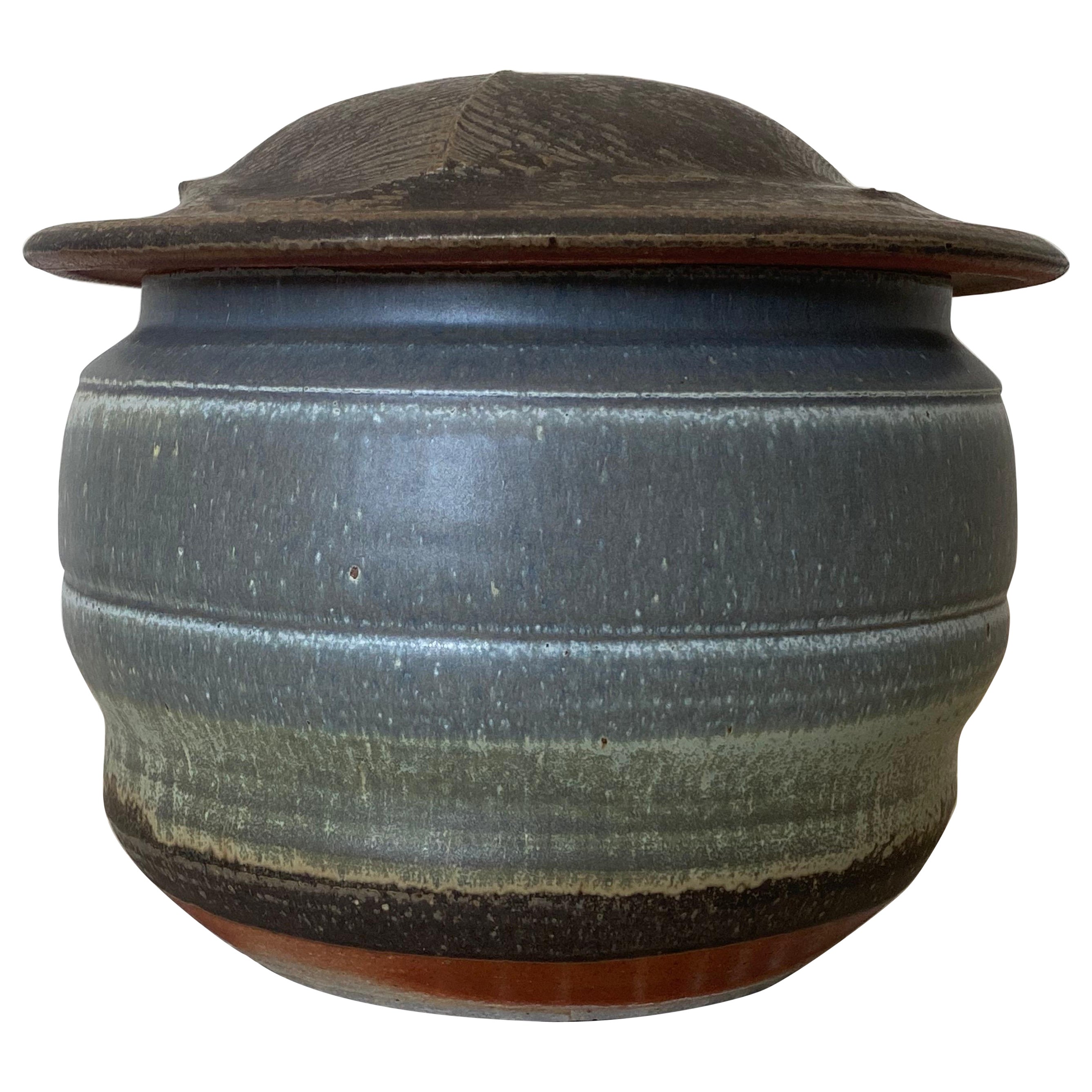 Large Karen Karnes Wood Fired Cut Lid Stoneware Pottery Jar