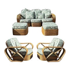 Rattan Mid-century Six-Strand Square Pretzel Sofa & Lounge Chair Livingroom Set