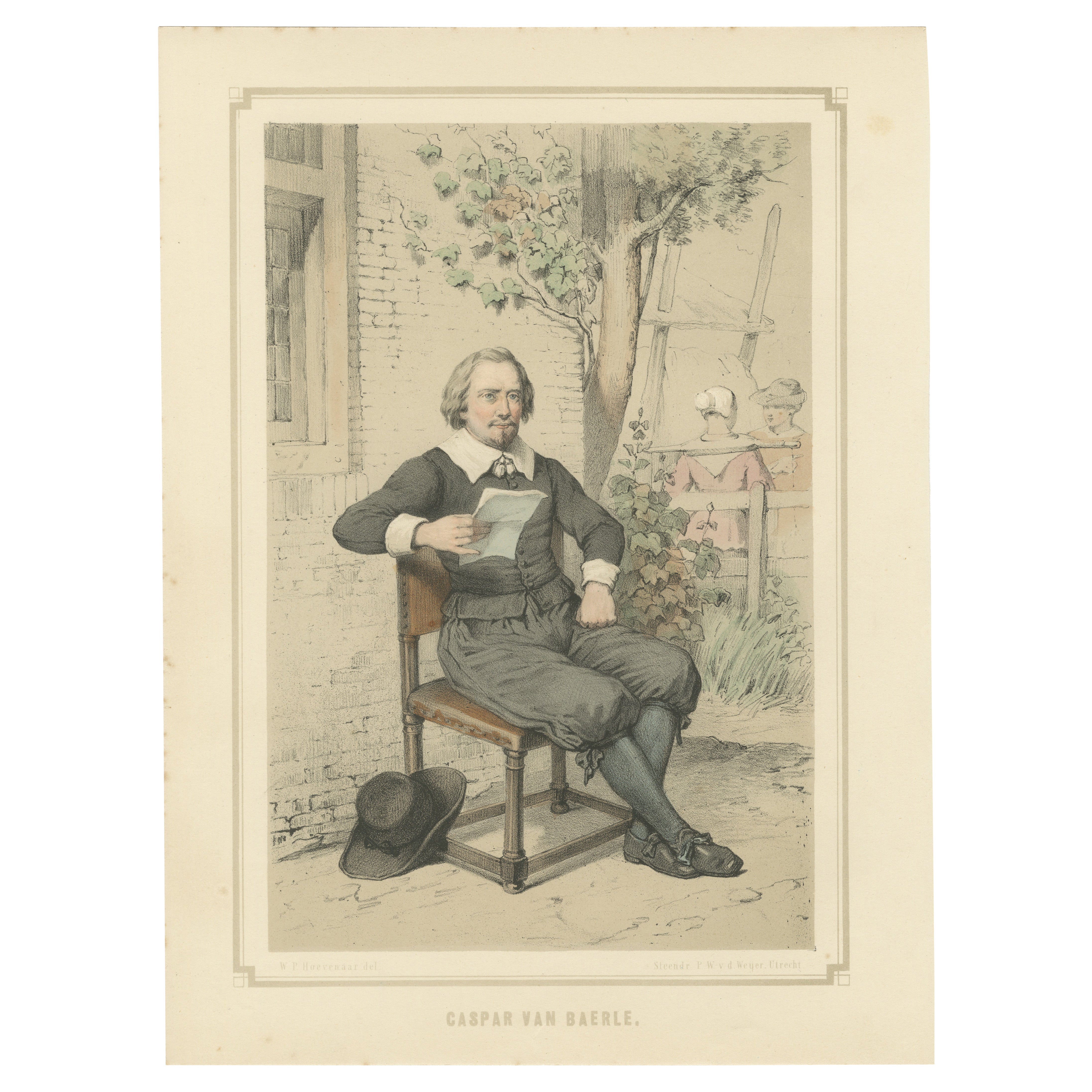 Caspar van Baerle in einer Gartenlandschaft - Handkolorierte Lithographie aus dem 19.