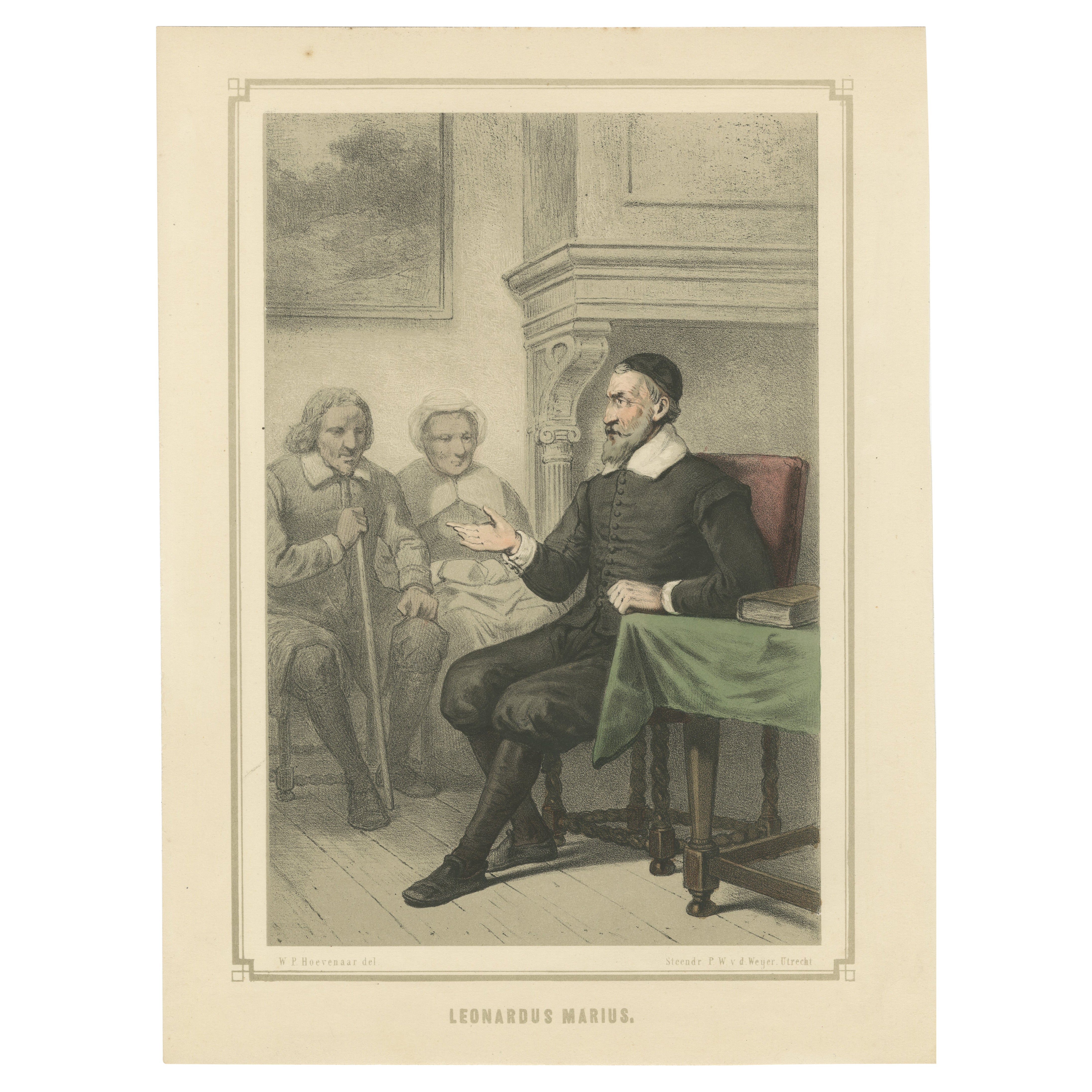 Leonardus Marius Teaching in Interior – 19th-Century Hand-Colored Lithograph
