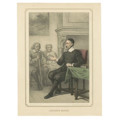 Leonardus Marius Teaching in Interior – 19th-Century Hand-Colored Lithograph