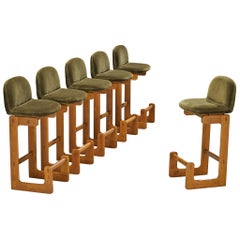 Set of Six 1970s Bar Stools in Solid Elm and Olive Green Velvet